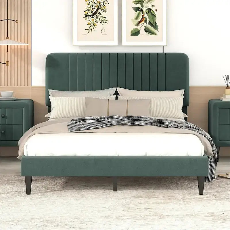 Lit plateforme tapissé Queen Size, pas besoin de sommier tapissier, tissu velours