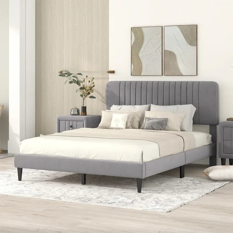 Lit plateforme tapissé Queen Size, pas besoin de sommier tapissier, tissu velours