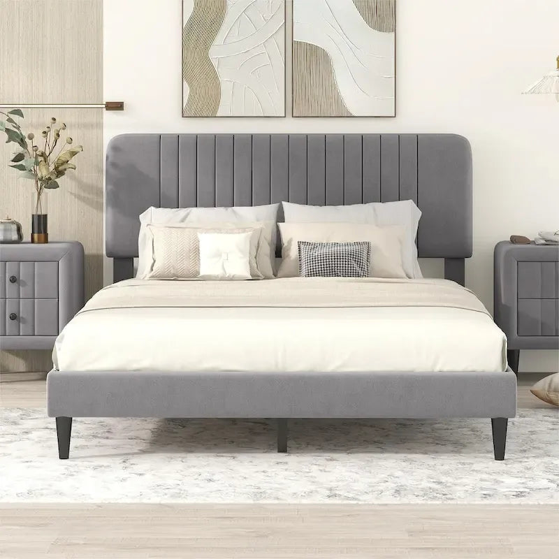 Lit plateforme tapissé Queen Size, pas besoin de sommier tapissier, tissu velours