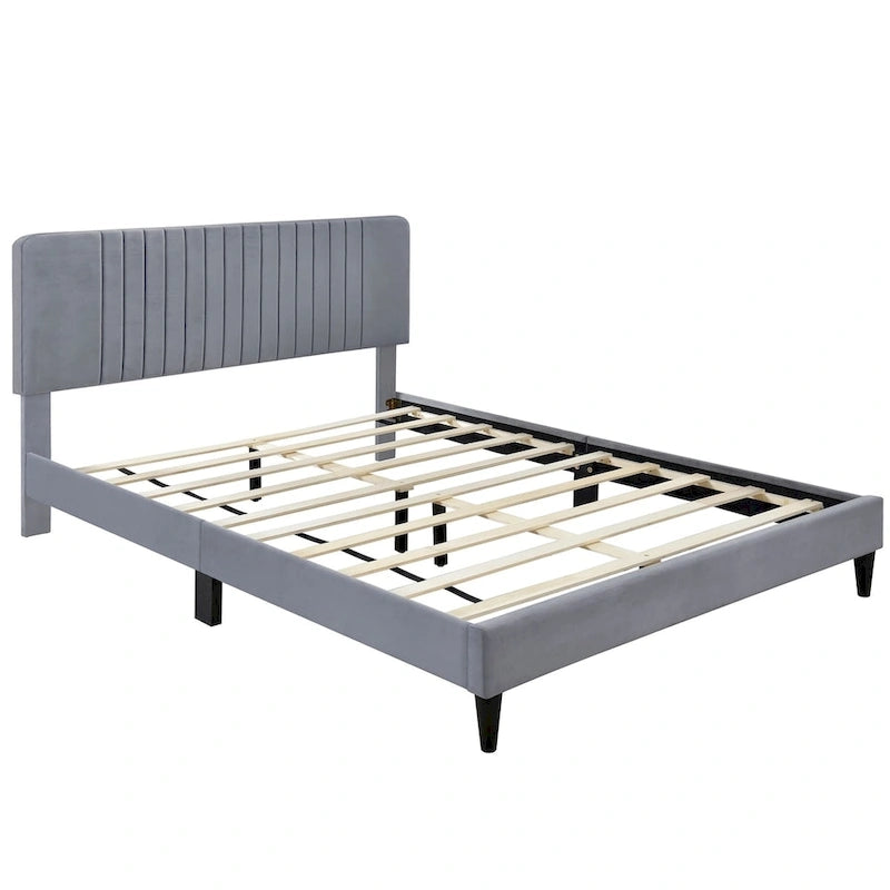 Lit plateforme tapissé Queen Size, pas besoin de sommier tapissier, tissu velours