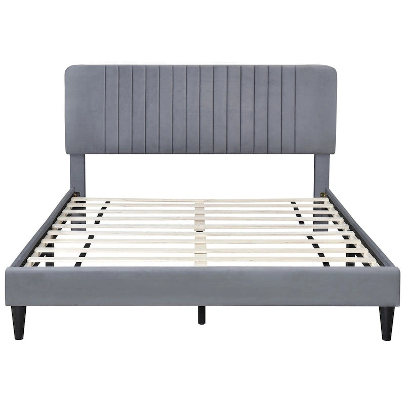 Lit plateforme tapissé Queen Size, pas besoin de sommier tapissier, tissu velours