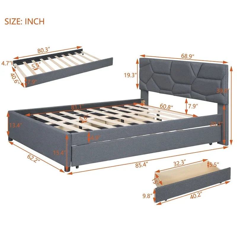 Lit plateforme en lin Queen Size avec lit gigogne double et tiroirs
