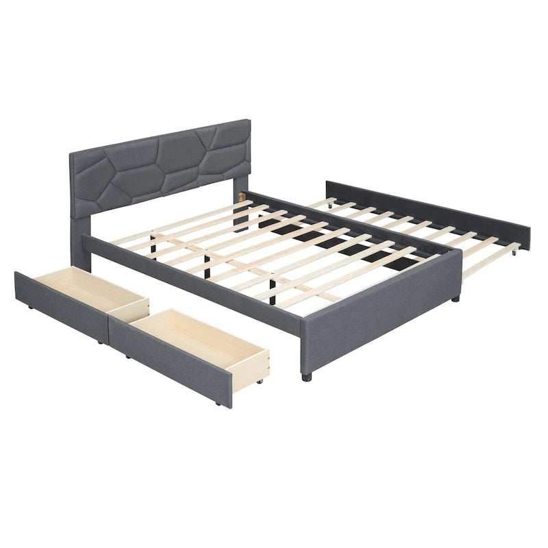 Lit plateforme en lin Queen Size avec lit gigogne double et tiroirs