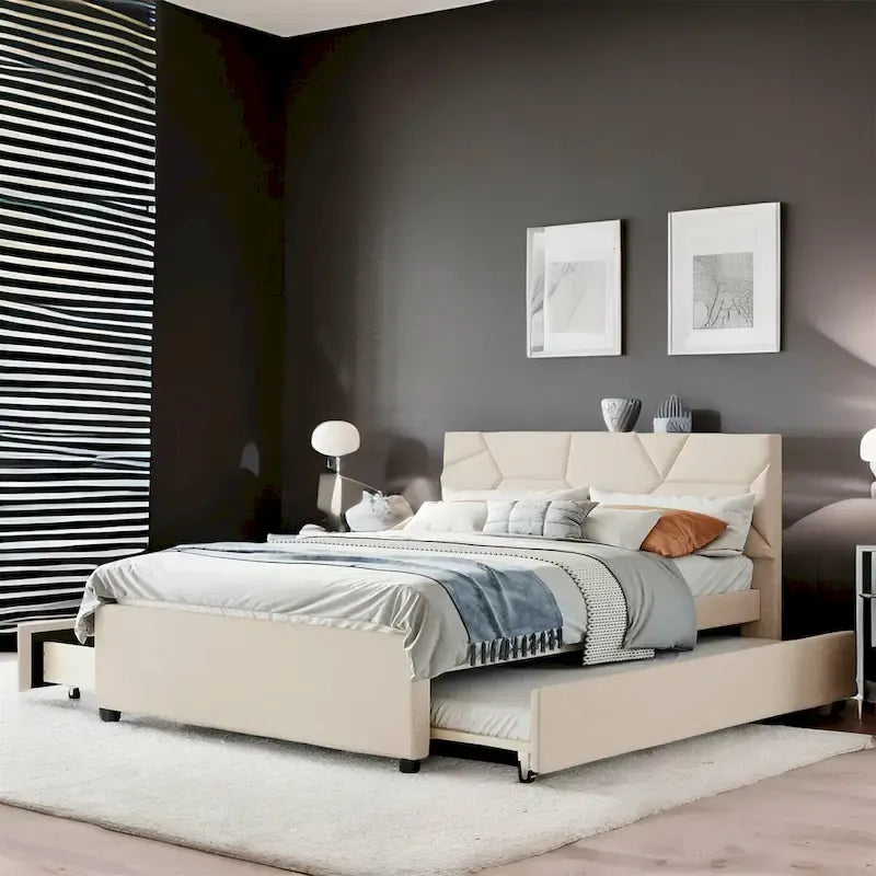 Lit plateforme en lin Queen Size avec lit gigogne double et tiroirs