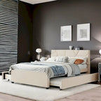 Lit plateforme en lin Queen Size avec lit gigogne double et tiroirs