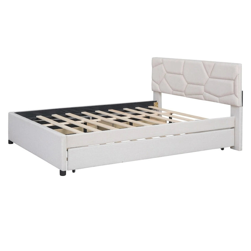 Lit plateforme en lin Queen Size avec lit gigogne double et tiroirs