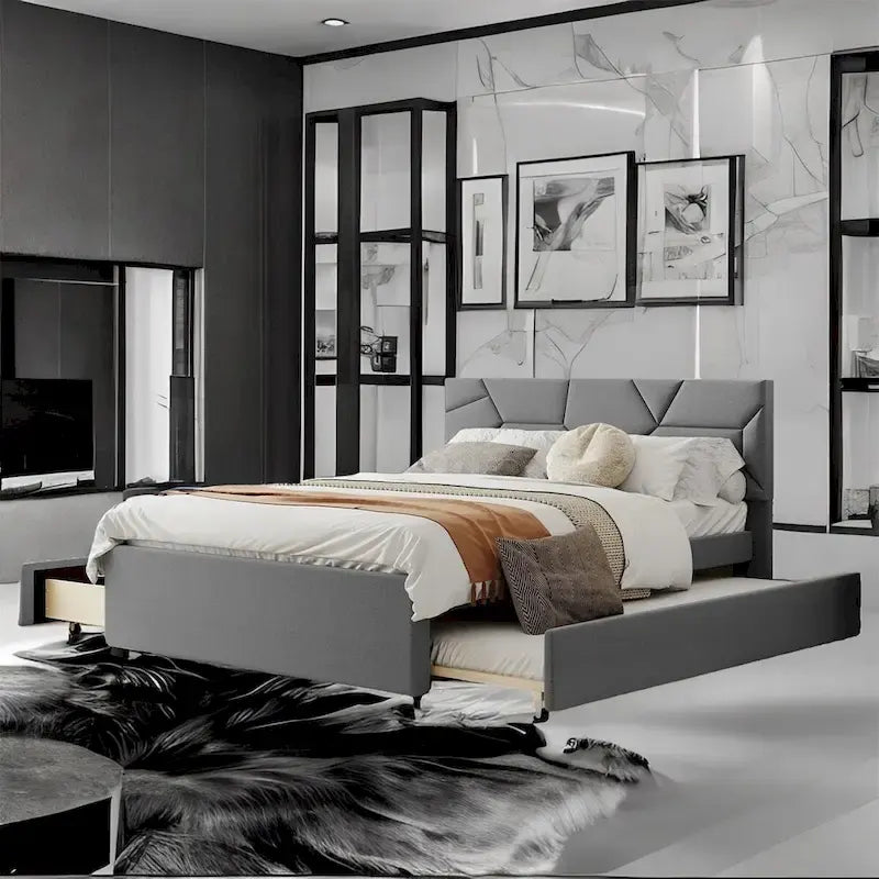 Lit plateforme en lin Queen Size avec lit gigogne double et tiroirs