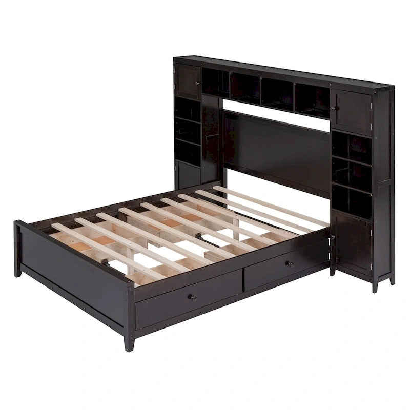 Lit double en bois avec armoire et étagère tout-en-un
