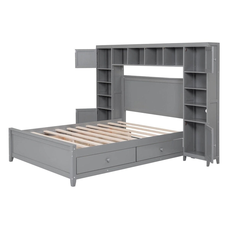 Lit double en bois avec armoire et étagère tout-en-un