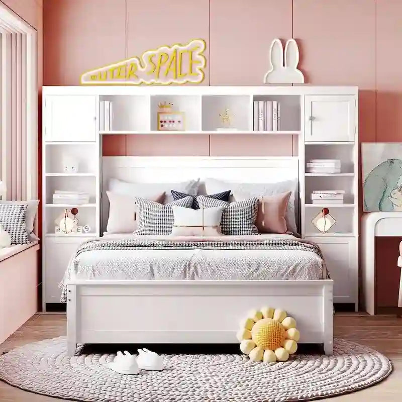 Lit double en bois avec armoire et étagère tout-en-un