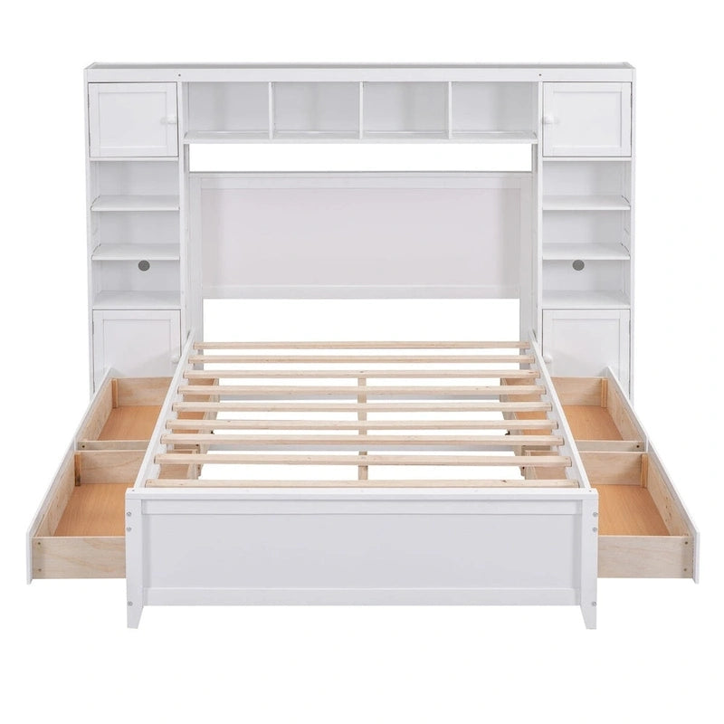 Lit double en bois avec armoire et étagère tout-en-un