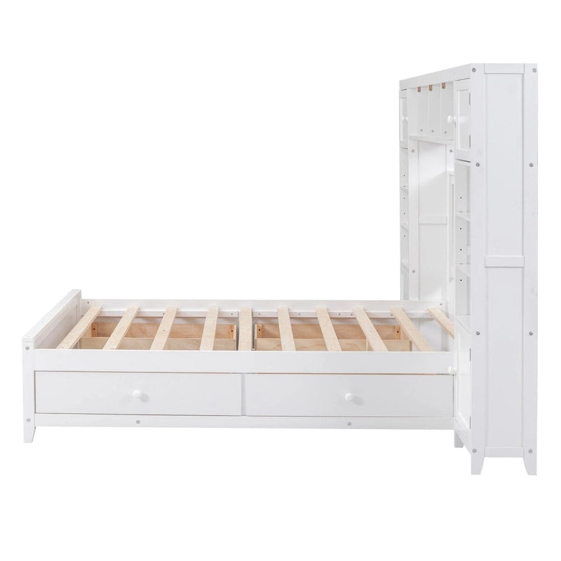 Lit double en bois avec armoire et étagère tout-en-un