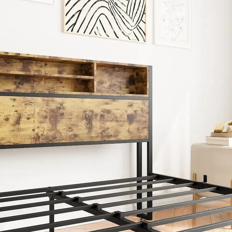 Cadre de lit Queen Size avec tête de lit de rangement, plateforme de lit en métal avec station de recharge, rangement bibliothèque, aucun sommier tapissier requis