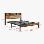 Cadre de lit Queen Size avec tête de lit de rangement, plateforme de lit en métal avec station de recharge, rangement bibliothèque, aucun sommier tapissier requis