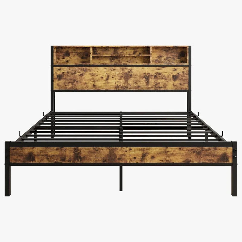 Cadre de lit Queen Size avec tête de lit de rangement, plateforme de lit en métal avec station de recharge, rangement bibliothèque, aucun sommier tapissier requis