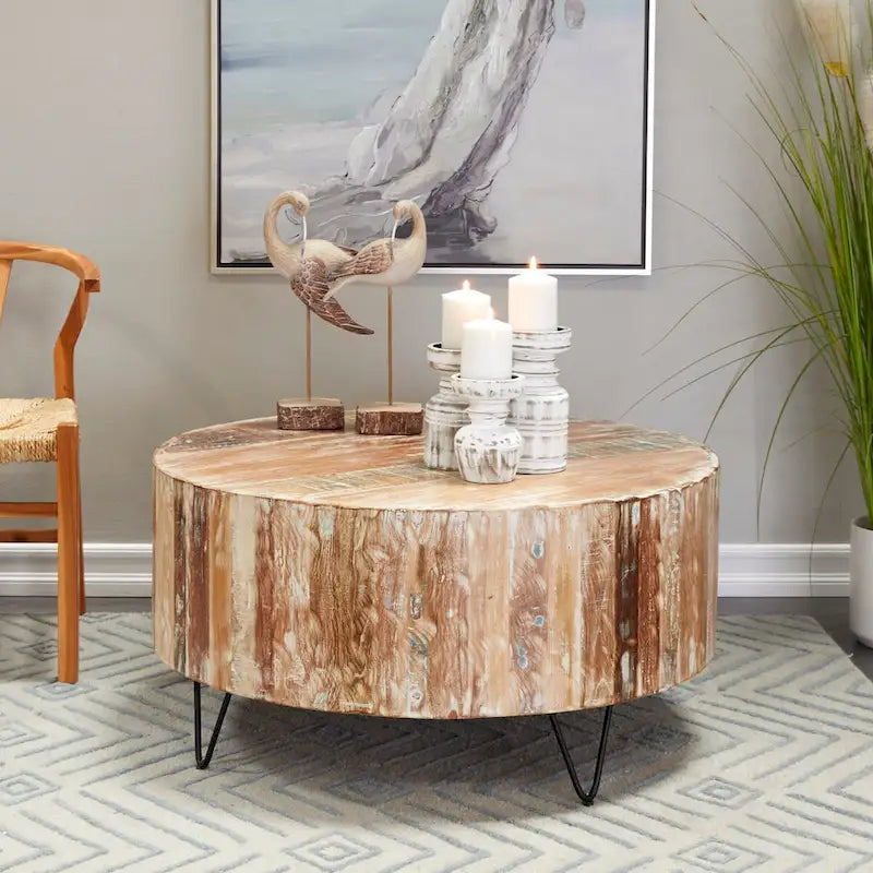 Table basse ronde en bois de manguier vieilli faite à la main | Pieds épingles noirs | 36,5" de diamètre | 100 lb