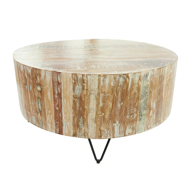Table basse ronde en bois de manguier vieilli faite à la main | Pieds épingles noirs | 36,5" de diamètre | 100 lb