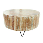 Table basse ronde en bois de manguier vieilli faite à la main | Pieds épingles noirs | 36,5" de diamètre | 100 lb
