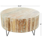 Table basse ronde en bois de manguier vieilli faite à la main | Pieds épingles noirs | 36,5" de diamètre | 100 lb
