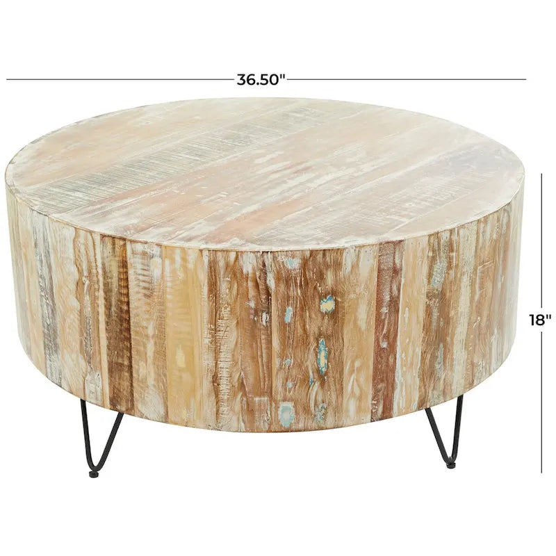 Table basse ronde en bois de manguier vieilli faite à la main | Pieds épingles noirs | 36,5" de diamètre | 100 lb