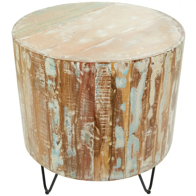 Table basse ronde en bois de manguier vieilli faite à la main | Pieds épingles noirs | 36,5" de diamètre | 100 lb