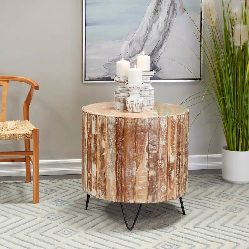 Table basse ronde en bois de manguier vieilli faite à la main | Pieds épingles noirs | 36,5" de diamètre | 100 lb