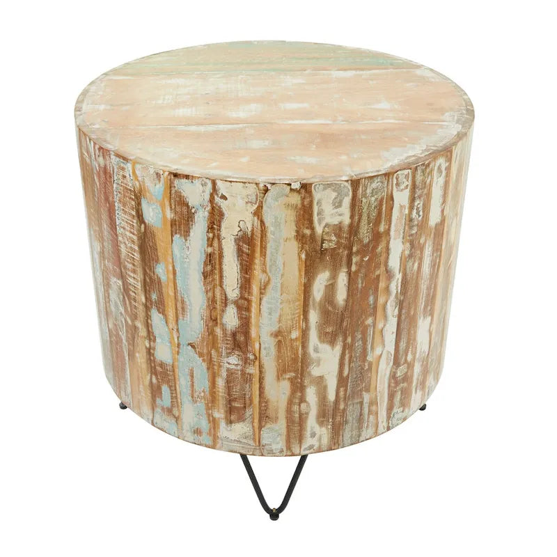 Table basse ronde en bois de manguier vieilli faite à la main | Pieds épingles noirs | 36,5" de diamètre | 100 lb