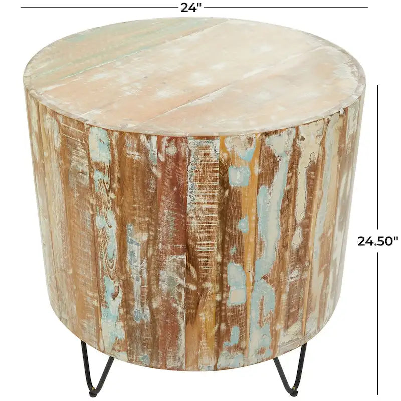 Table basse ronde en bois de manguier vieilli faite à la main | Pieds épingles noirs | 36,5" de diamètre | 100 lb