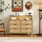 Buffet bahut en rotin bohème à 6 tiroirs avec lumières LED réglables et prise de courant