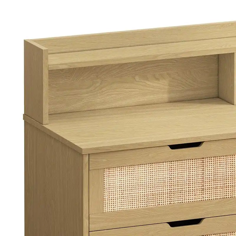 Buffet bahut en rotin bohème à 6 tiroirs avec lumières LED réglables et prise de courant