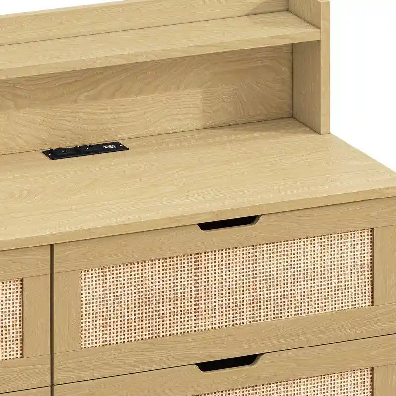 Buffet bahut en rotin bohème à 6 tiroirs avec lumières LED réglables et prise de courant