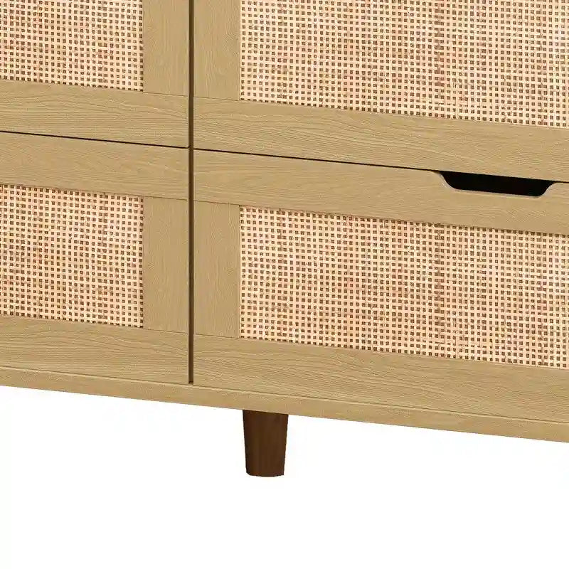 Buffet bahut en rotin bohème à 6 tiroirs avec lumières LED réglables et prise de courant