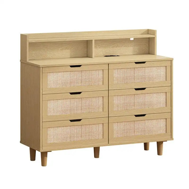 Buffet bahut en rotin bohème à 6 tiroirs avec lumières LED réglables et prise de courant