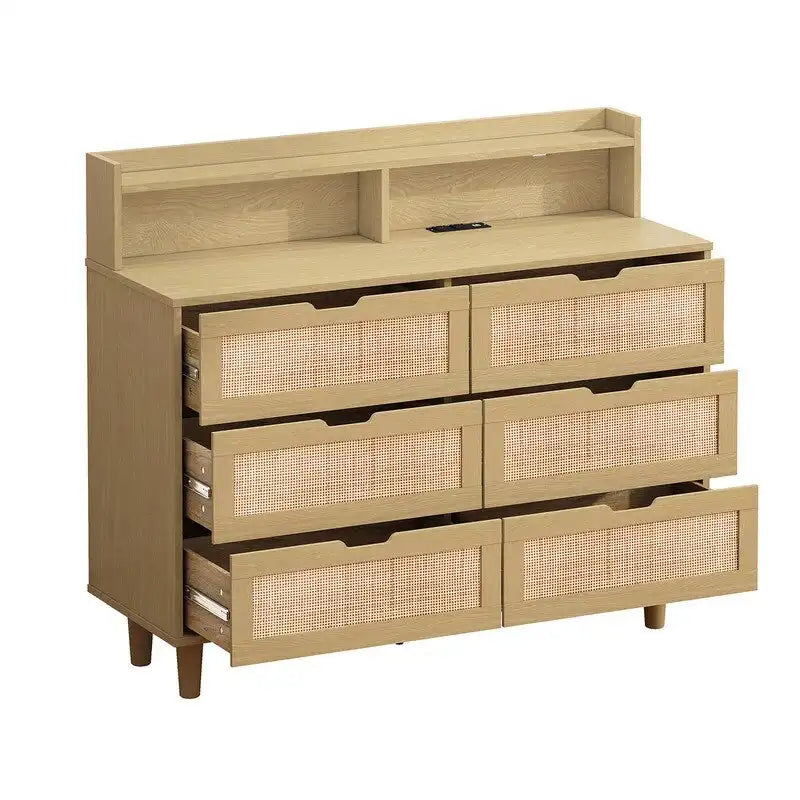 Buffet bahut en rotin bohème à 6 tiroirs avec lumières LED réglables et prise de courant