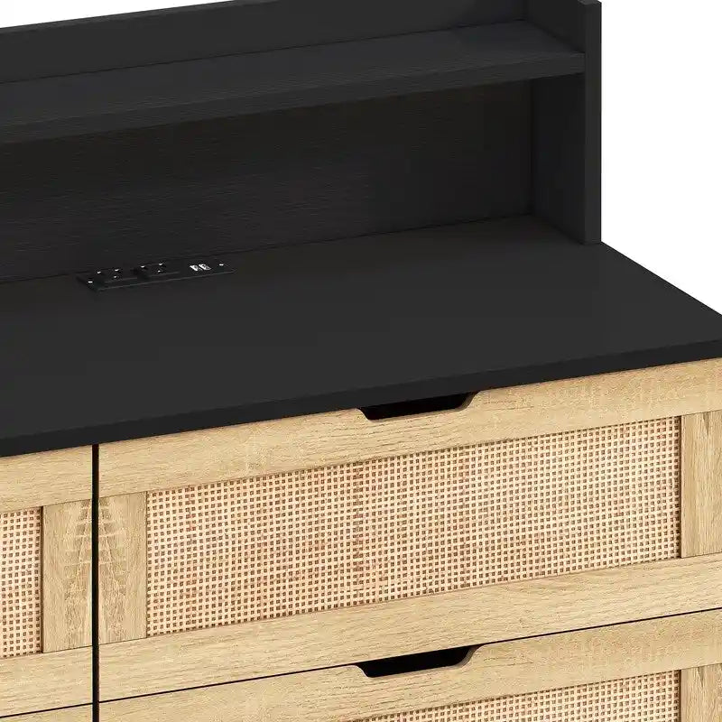 Buffet bahut en rotin bohème à 6 tiroirs avec lumières LED réglables et prise de courant