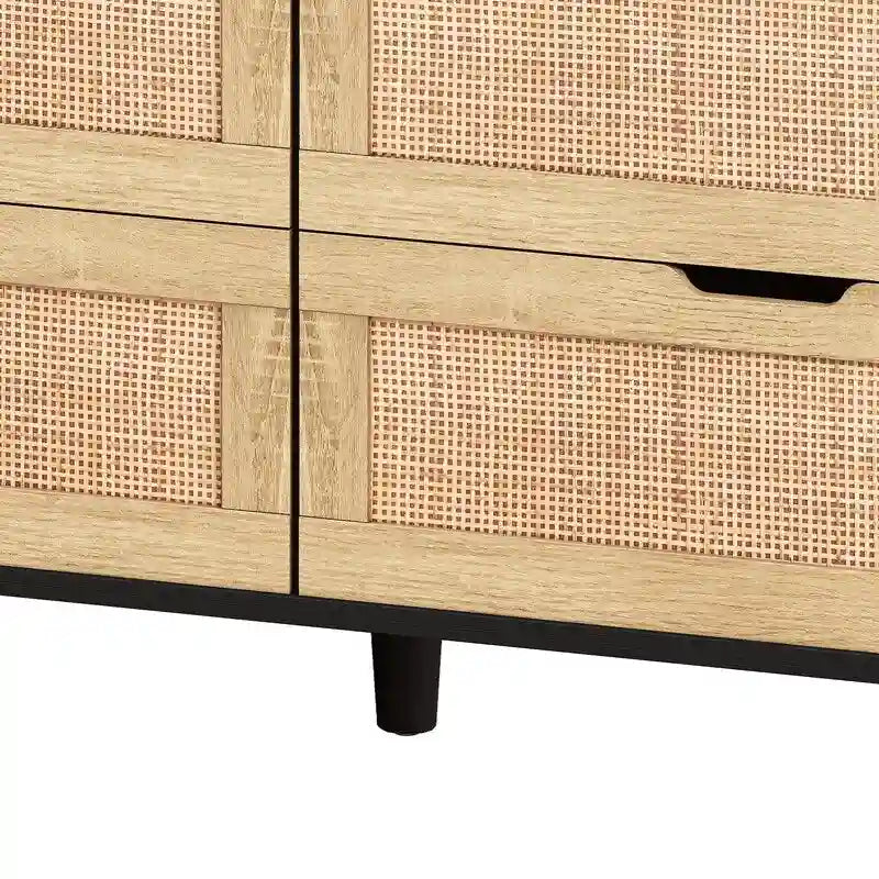 Buffet bahut en rotin bohème à 6 tiroirs avec lumières LED réglables et prise de courant