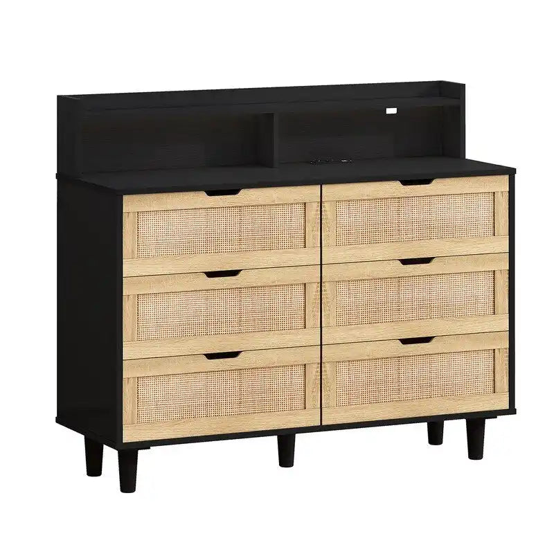 Buffet bahut en rotin bohème à 6 tiroirs avec lumières LED réglables et prise de courant