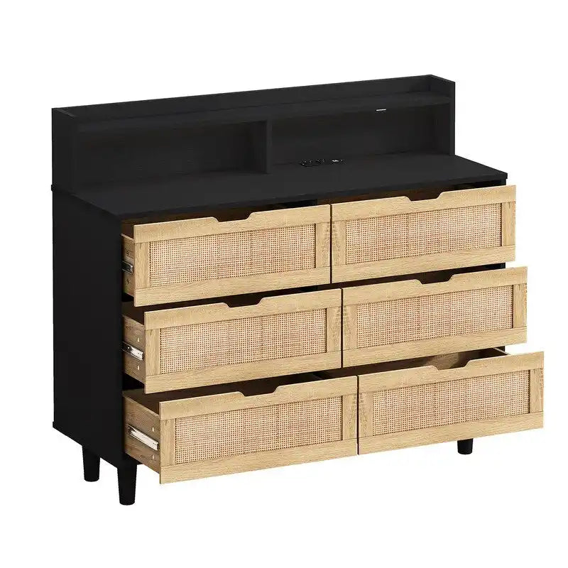 Buffet bahut en rotin bohème à 6 tiroirs avec lumières LED réglables et prise de courant