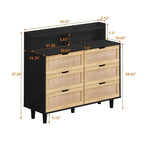 Buffet bahut en rotin bohème à 6 tiroirs avec lumières LED réglables et prise de courant