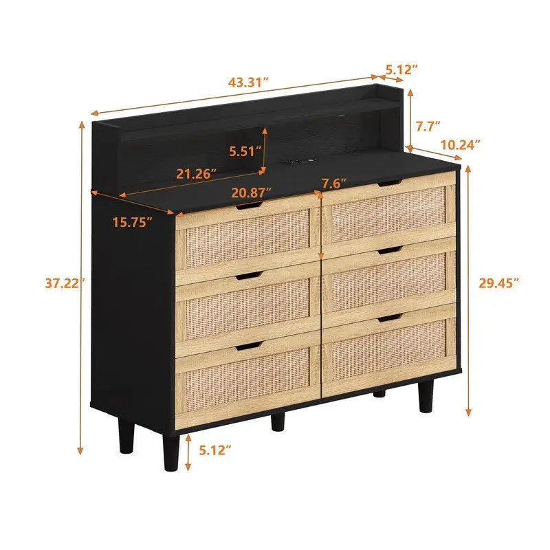 Buffet bahut en rotin bohème à 6 tiroirs avec lumières LED réglables et prise de courant