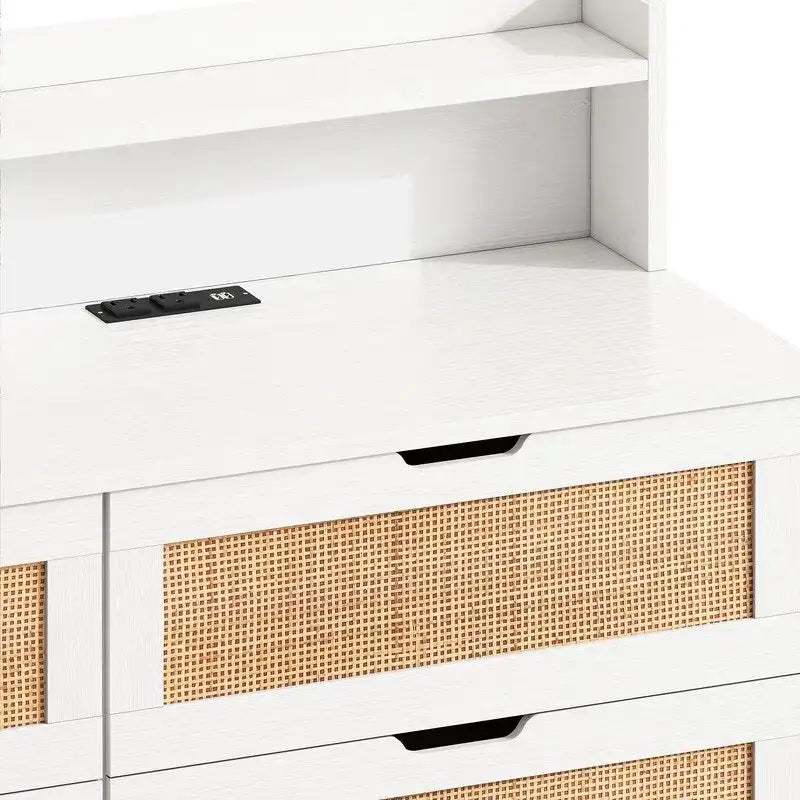 Buffet bahut en rotin bohème à 6 tiroirs avec lumières LED réglables et prise de courant