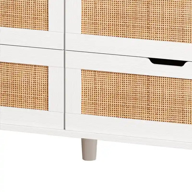 Buffet bahut en rotin bohème à 6 tiroirs avec lumières LED réglables et prise de courant