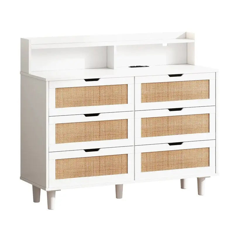 Buffet bahut en rotin bohème à 6 tiroirs avec lumières LED réglables et prise de courant