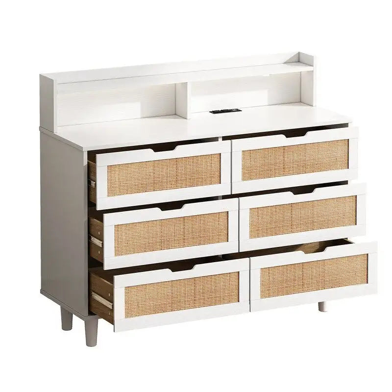 Buffet bahut en rotin bohème à 6 tiroirs avec lumières LED réglables et prise de courant