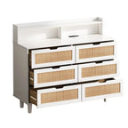 Buffet bahut en rotin bohème à 6 tiroirs avec lumières LED réglables et prise de courant