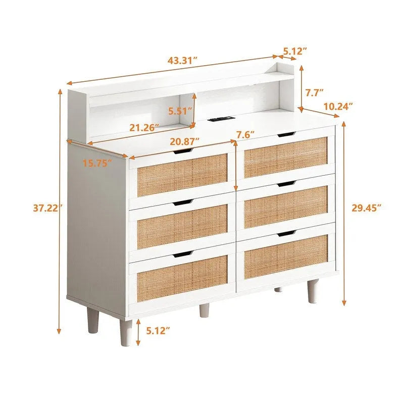 Buffet bahut en rotin bohème à 6 tiroirs avec lumières LED réglables et prise de courant