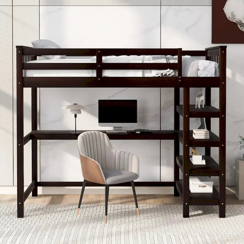 Lit superposé jumeau avec bureau sous le lit et étagères de rangement | Bois de pin massif | Capacité de 113 kg