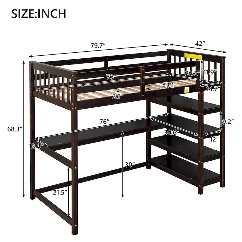 Lit superposé jumeau avec bureau sous le lit et étagères de rangement | Bois de pin massif | Capacité de 113 kg
