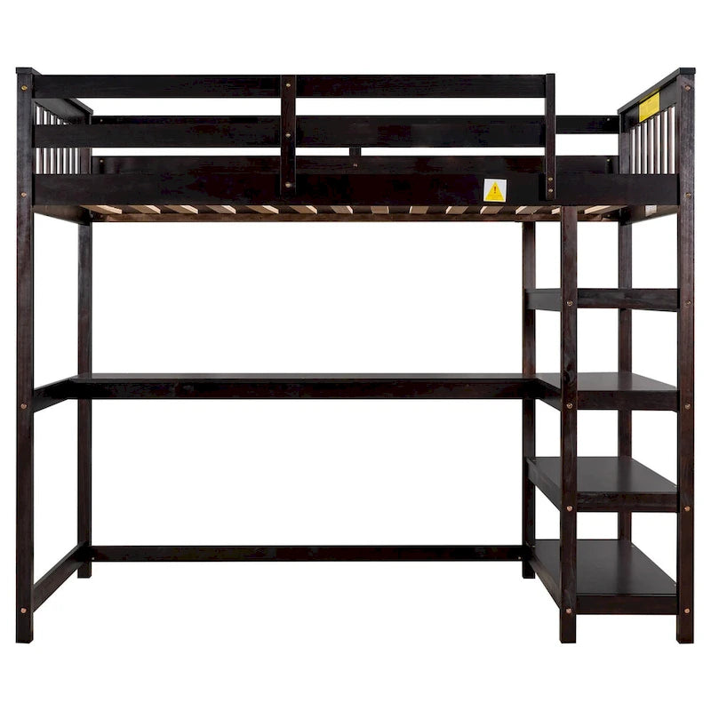 Lit superposé jumeau avec bureau sous le lit et étagères de rangement | Bois de pin massif | Capacité de 113 kg