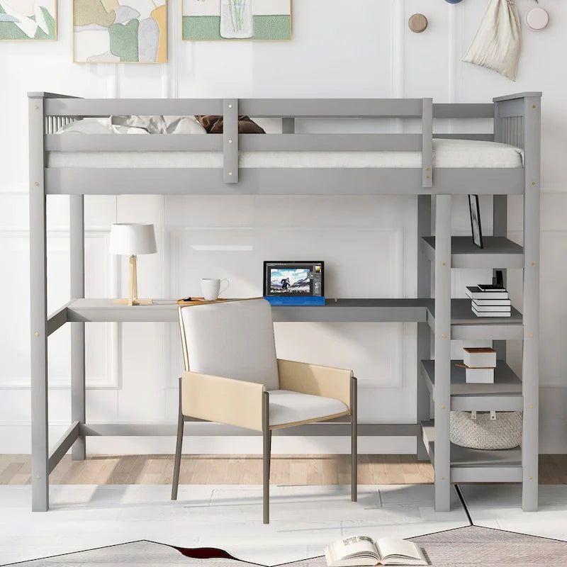 Lit superposé jumeau avec bureau sous le lit et étagères de rangement | Bois de pin massif | Capacité de 113 kg